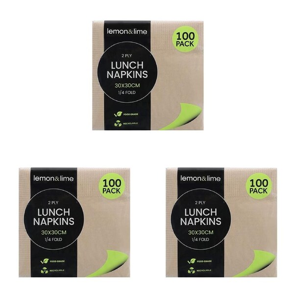 3x 100PK Lemon & Lime 30cm Lunch 2-Ply Napkin 1/4 Fold Table Paper Towel Natural
