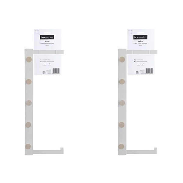 2x Boxsweden Lrg 50cm Over Door 5-Wood Hooks Hanger Hanging Holder Organiser WHT