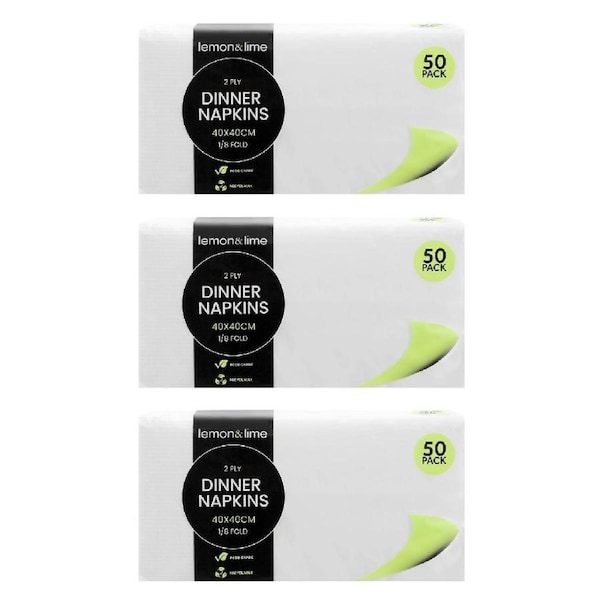 3x 50PK Lemon & Lime 40cm Dinner 2-Ply Napkin 1/8 Fold Table Paper Towel White