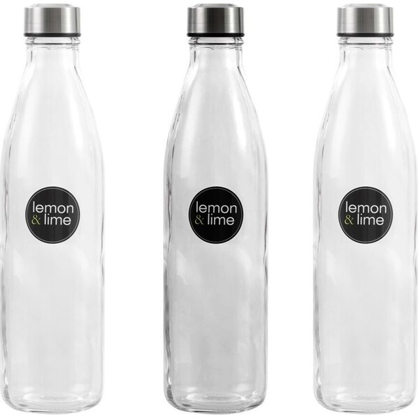 3x Lemon & Lime 1L Glass Screw Top Lid Water Bottle Juice Drink Container Clear