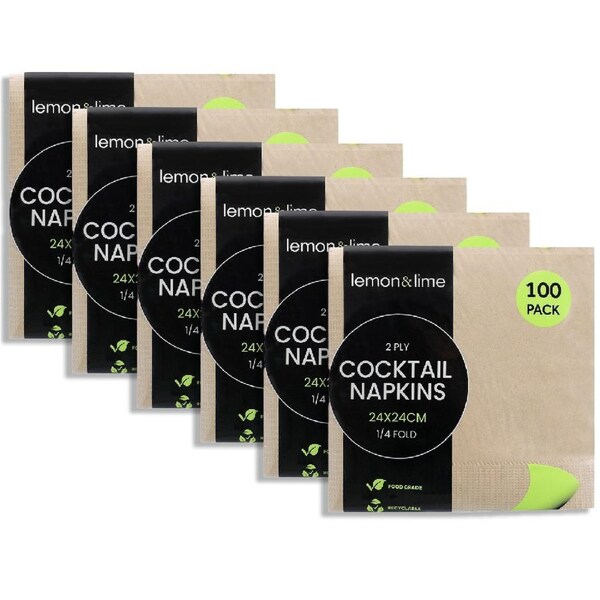 6x 100PK Lemon & Lime 24cm Cocktail 2-Ply Napkin 1/4 Fold Table Paper Towel NAT