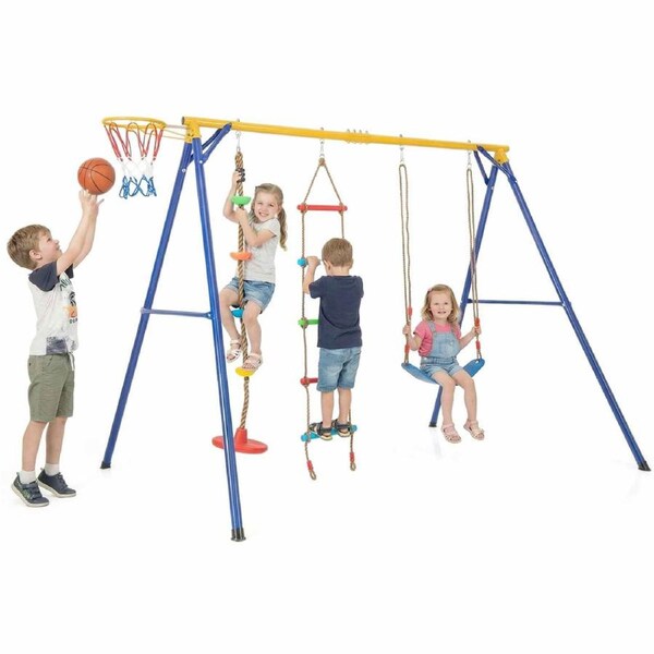 Costway 4-in-1 Swing Set Heavy-duty Metal Swing Stand w/1 Basketball Hoop/Climbing Ladder/Belt Swing