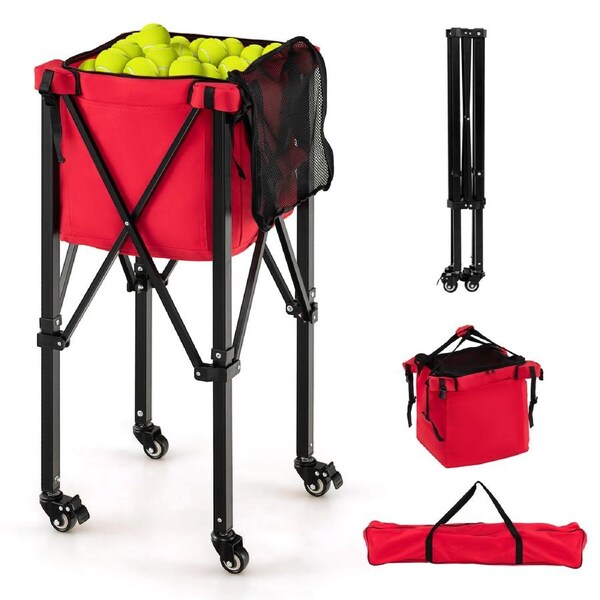 Costway Tennis Ball Trolley 160 Balls Coaching Teaching Basket Cart w/Side Pockets Foldable