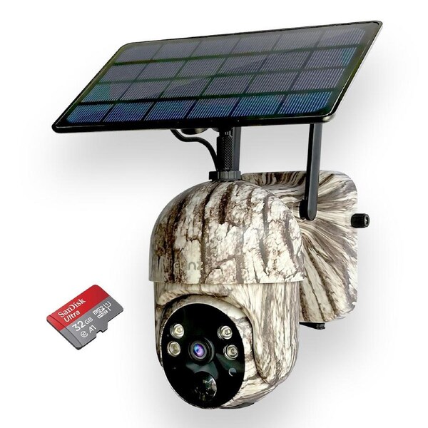 Elinz WiFi PTZ Solar Powered Camouflage Outdoor Security Camera 3MP 2K HD Resolution IP65 Home Surveillance CCTV 32GB