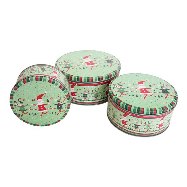 3pc Dancing Elves 14/17/20cm Metal Tin Home/Kitchen Decor Canister Set Round