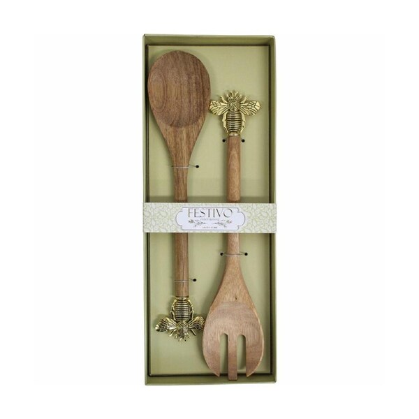 2pc Acacia Wood Metal 35cm Bee Salad Server Spoon/Fork Serving Set Natural/Gold