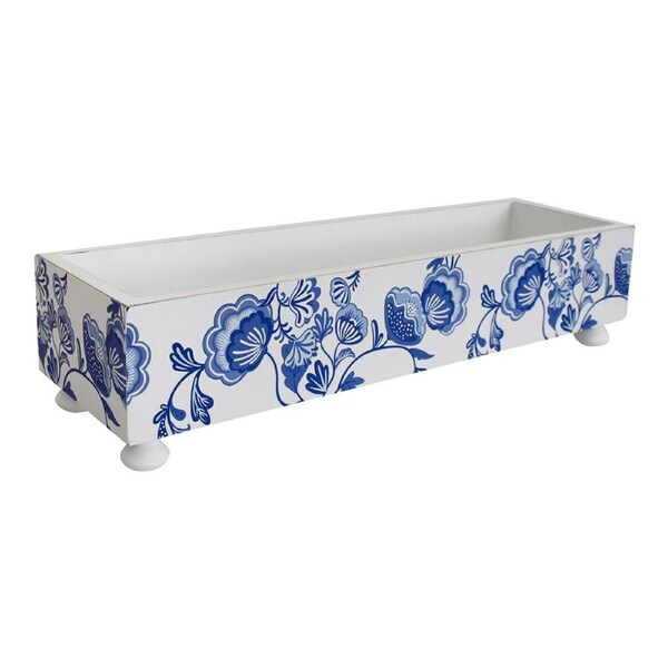 Wood 36cm Tidy Tray Home/Kitchen Decorative Organiser Storage Holder Blue/White