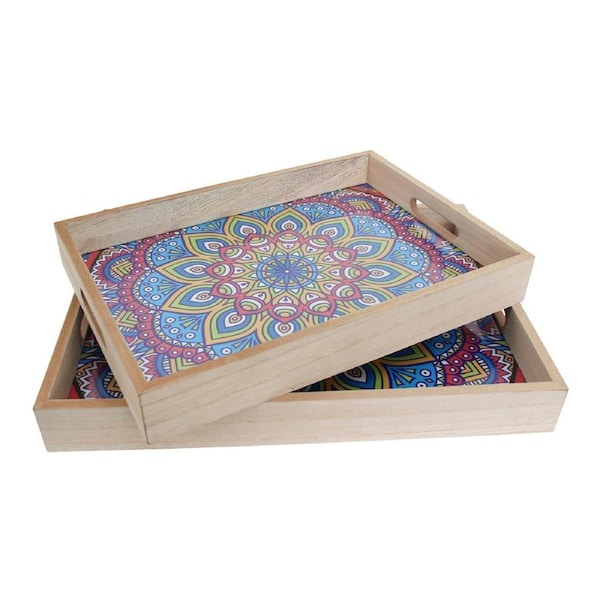 2pc Decorative MDF/Glass 40/35cm Food Serving Tray w/ Handles Storage Rectangle