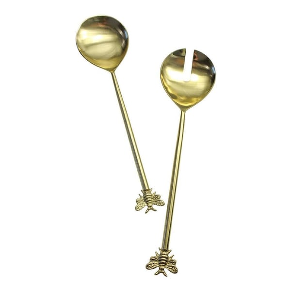 2pc Brass 28cm Bee Salad Server Utensil Serving Spoon & Fork Set Tableware Gold