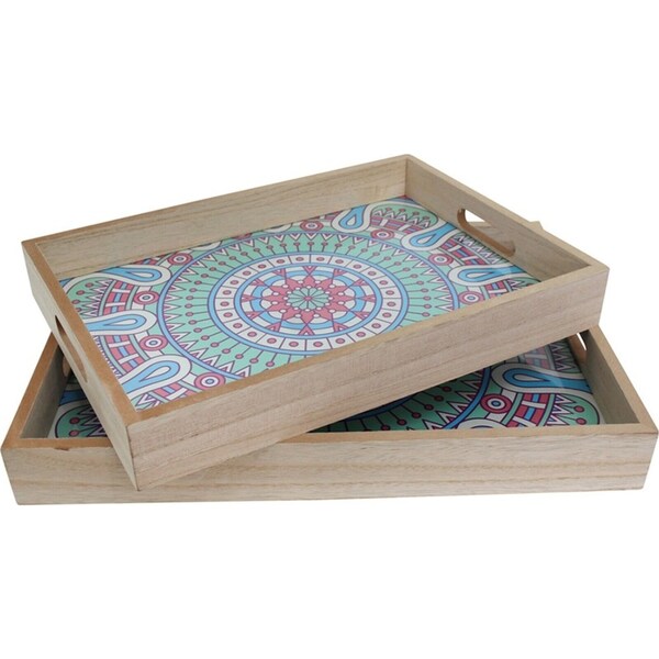 2pc Decorative MDF/Glass 40/35cm Serving Tray w/Handles Storage Rect Green Motif