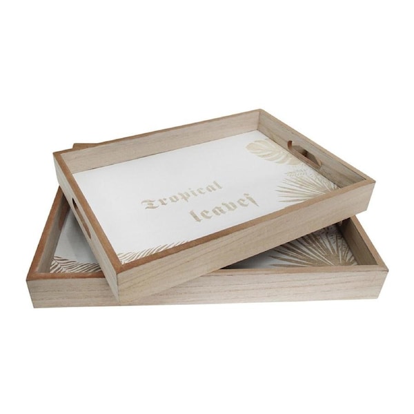 2pc Decorative MDF/Glass 40/35cm Serving Tray w/ Handles Storage Rectangle Palm