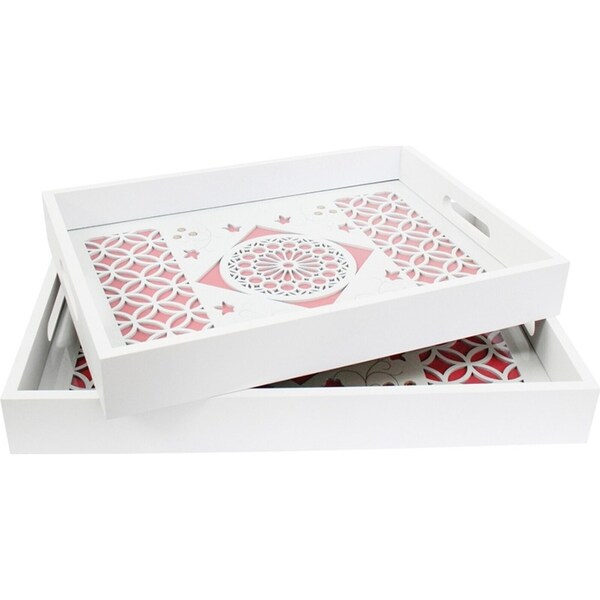 2pc MDF/Glass Rectangle 40/36cm Food Serving Tray Storage w/ Handles Set Blush
