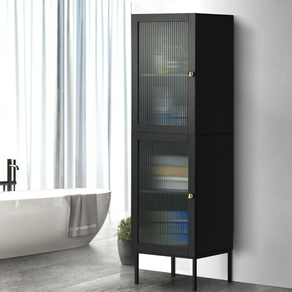 Oikiture Storage Cabinet Tall Slim Cupboard Tempered Glass Door Black