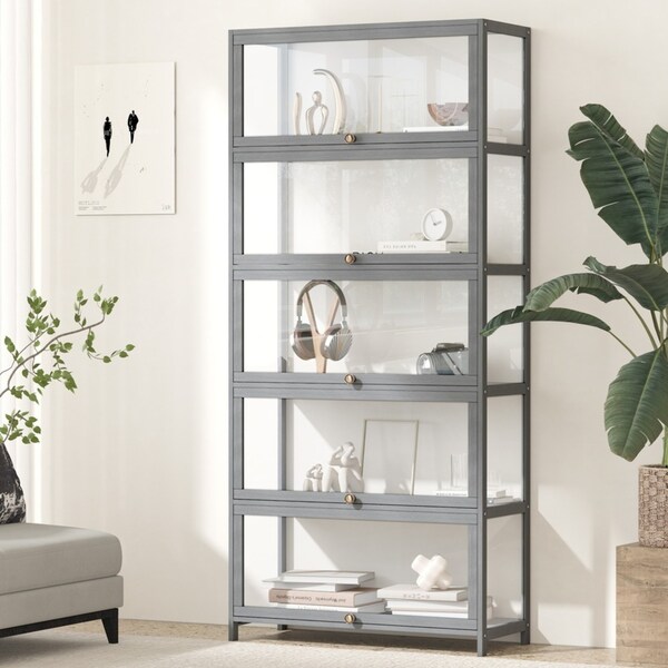 Oikiture Display Cabinet Storage 5-Tier Shelves Clear Bookcase Stand Rack Grey