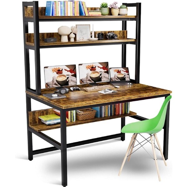 Computer Desk Hutch Bookshelf Home Office Space Saving Design, Brown