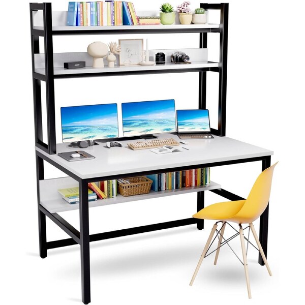Computer Desk Hutch Bookshelf Home Office Space Saving, White