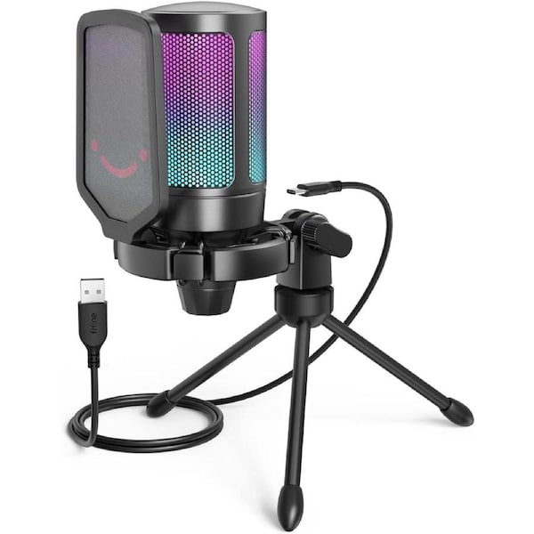 Gaming USB Microphone for PC PS5, Quick Mute, RGB, Tripod, Pop Filter, Shock Mount, Gain Control