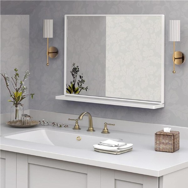 White Bathroom Wall Mirror Shelf 32x24 Metal Frame