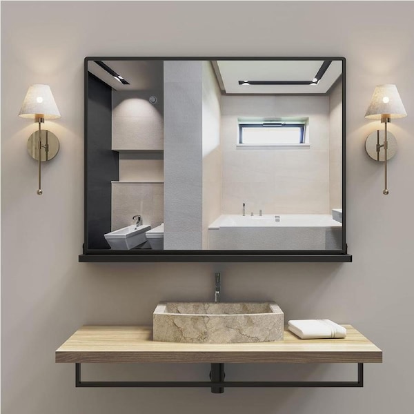 Black Bathroom Wall Mirror Shelf 32x24 Metal Frame Rectangle