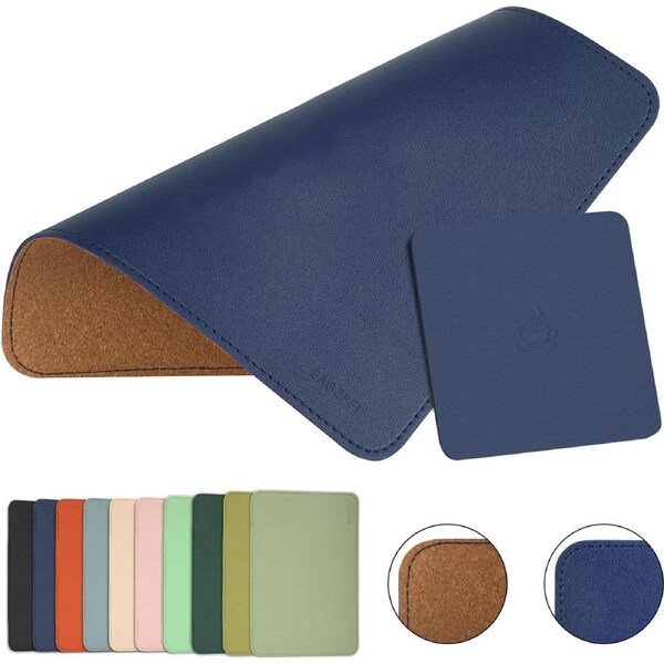 Leather & Wood Mouse Pad Double Sided Stitched Edges Coaster 8x11" Blue