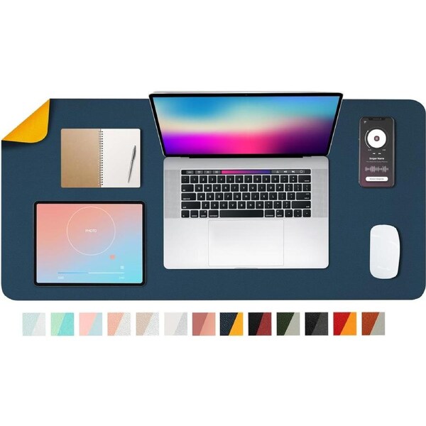 Leather Desk Pad Dual Side Office Mat Dark Blue Yellow
