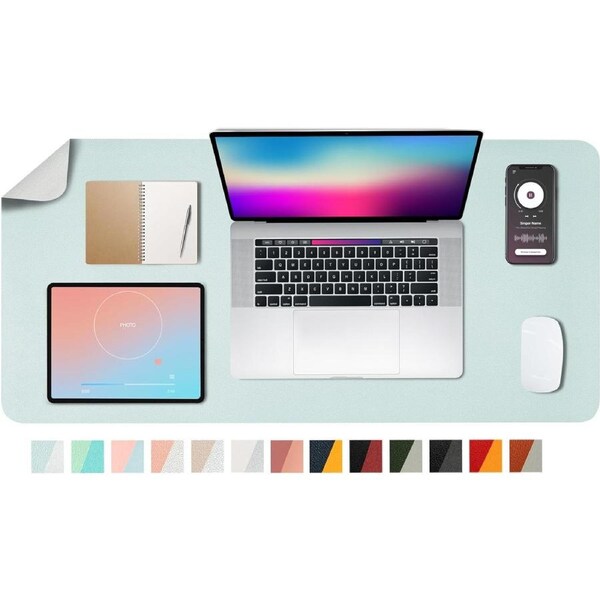 Dual Side Desk Pad PU Leather Office Desk Mat Mouse Pad Blue Silver