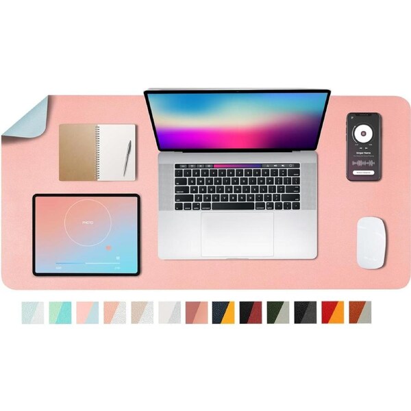 Leather Desk Pad Dual Side Office Mat Dual Color 31.5x15.7 Pink Sky Blue