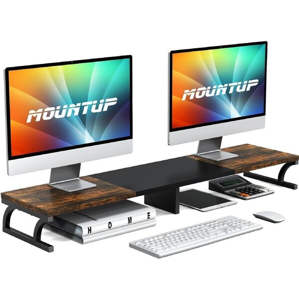 Dual Monitor Stand Riser Wood Storage Home Office 2 Monitors Desktop Organizer