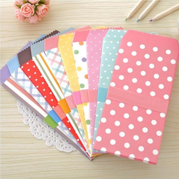 50 Pack Colored Envelopes 3.35x6.89, 10 Unique Designs