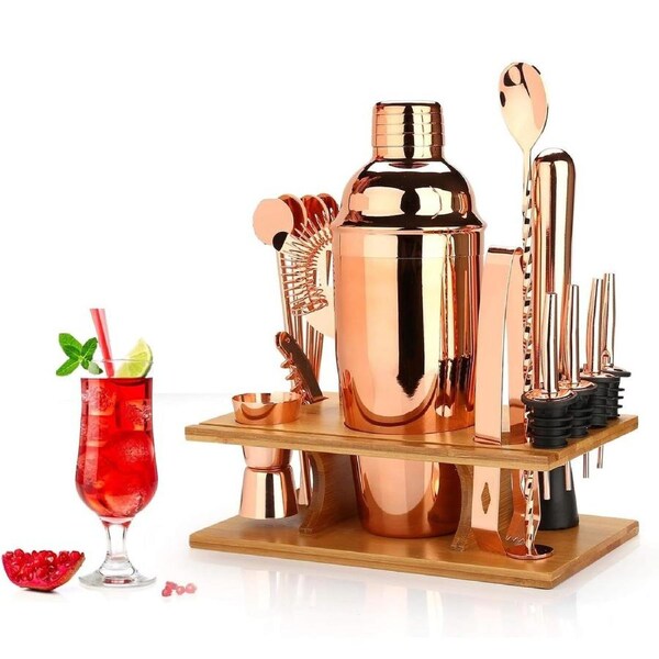 Cocktail Shaker Making Set - 16pcs Bartender Kit Eco Bamboo Stand
