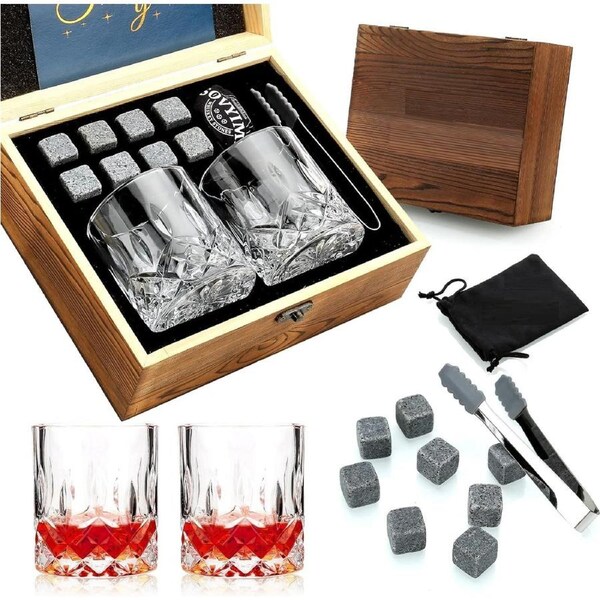 Whisky Stones Glasses Gift Set 8 Glasses Wooden Box Gift