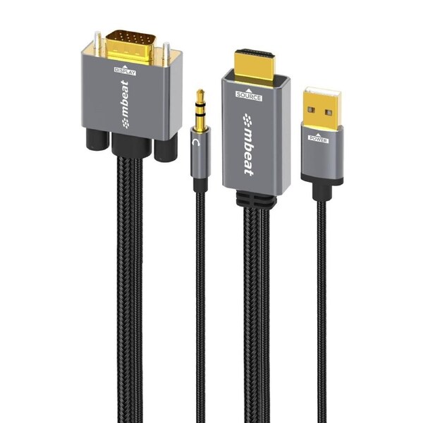 mbeat Tough Link 1.8m HDMI to VGA Cable with USB Power & 3.5mm Audio Up to 1080p@60Hz HDMI (Male)?1; USB-A (Connect to Power)