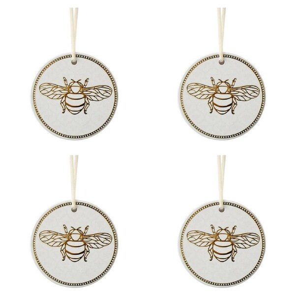 4x Ceramic 7cm Gift Bee Tag Round Hanging Decor Christmas Tree Ornament White