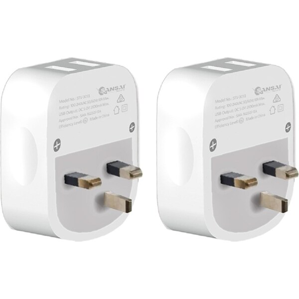 2x Sansai Surge Protected Travel Adapter w/ 2 x USB Ports - AU/UK Region White