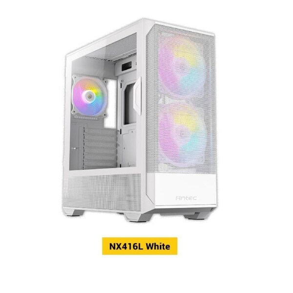Antec NX416 Mesh White ATX. USB-C x1, USB 3.0 x. 2x ARGB 160mm + 1x ARGB 120mm Fans. LED & PWM Controller. SSD Storage, Cable Routing, Gaming Case