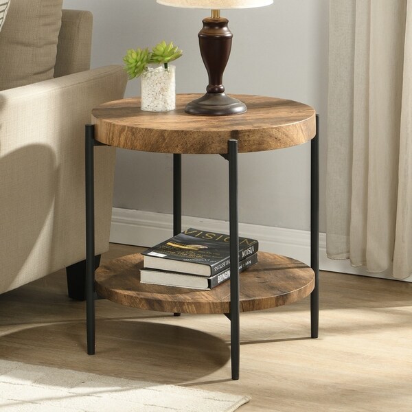 IHOMDEC 2-Tier Wooden Round Side Table with 4 metal legs Rustic Dark Brown