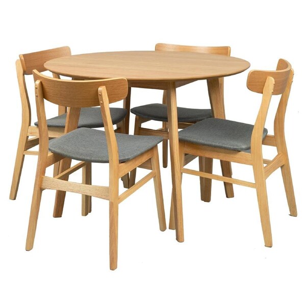 Oscar 5pc Dining Set 100cm Round Table 4 Chair Fabric Seat Scandinavian Style