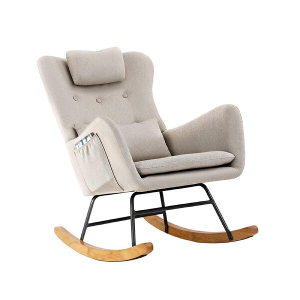 Oikiture Rocking Chair Nursing Armchair Linen Accent Chairs With 2 Pillow Beige