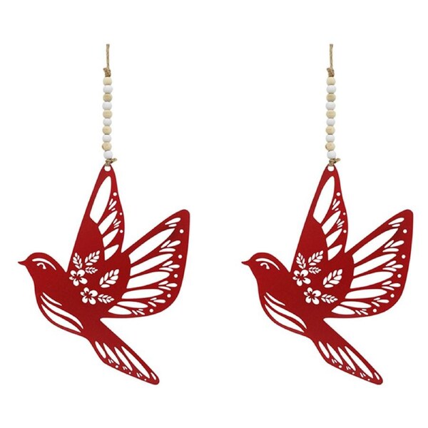 2x Metal/Beads 16cm Bird In Flight Hanging Home Decor Wall Ornament Raspberry