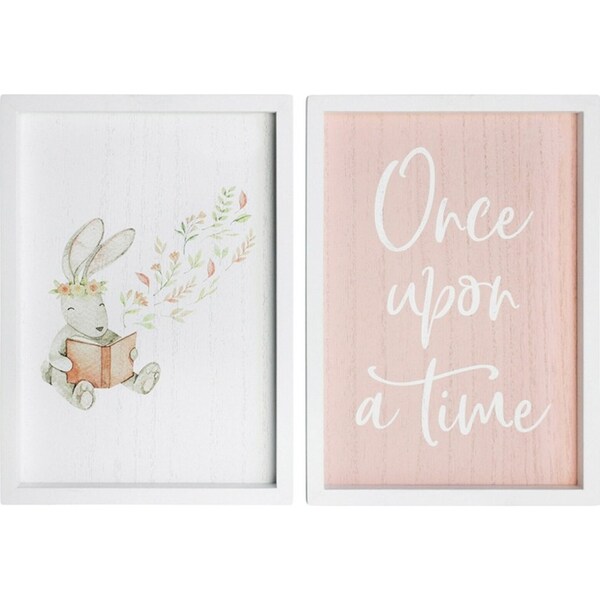 2pc MDF 28cm Once Upon A Time Sign Kids Bedroom Decor Plaque Set Pink/White