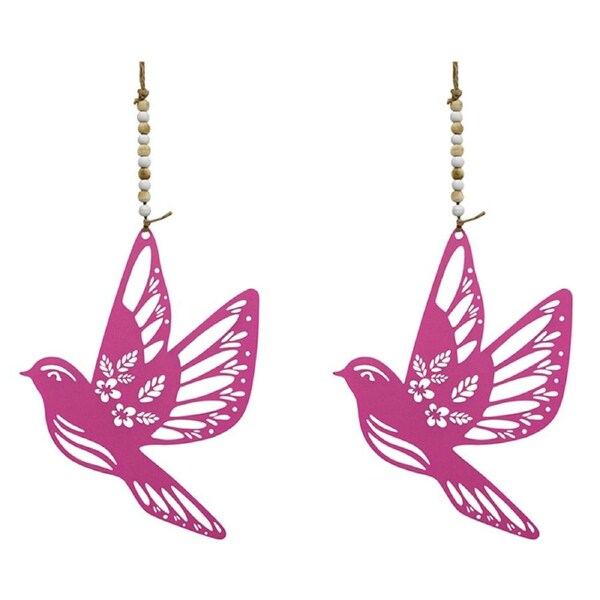2x Metal/Beads 16cm Bird In Flight Hanging Home/Garden Decor Ornament Fuchsia