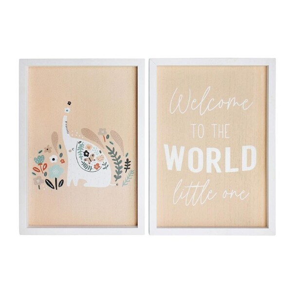 2pc MDF 28cm Welcome World Little One Sign Kids Bedroom Decor Plaque Set Beige