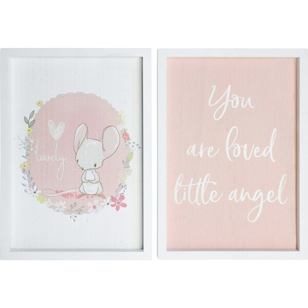 2pc MDF 28cm Little Angel Sign Kids Bedroom Decorative Plaque Set Pink/White