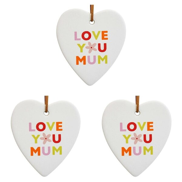 3x Ceramic Hanging 8x8cm Heart Love Mum w/Hanger Ornament Home/Office Room Decor