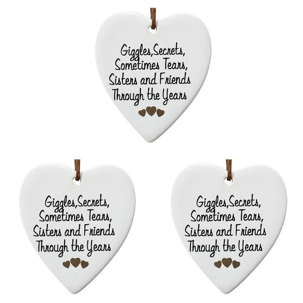 3x Ceramic Hanging 8x9cm Heart Sisters w/ Hanger Ornament Home/Office Room Decor