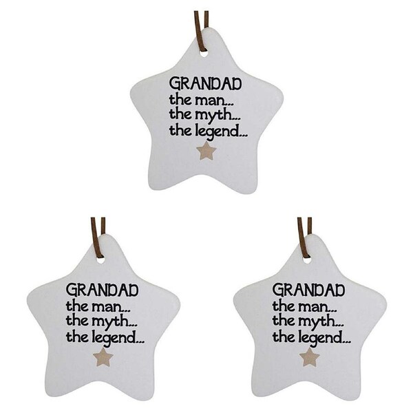 3x Ceramic Hanging 8x9cm Star Grandad w/ String Ornament Home/Office Room Decor