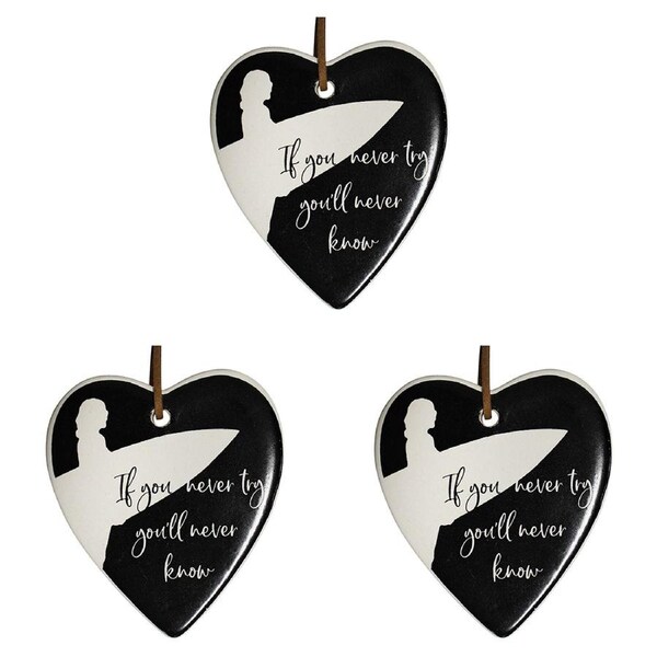 3x Ceramic Hanging 8x9cm Heart Try Surfing w/Hanger Ornament Home Room Decor