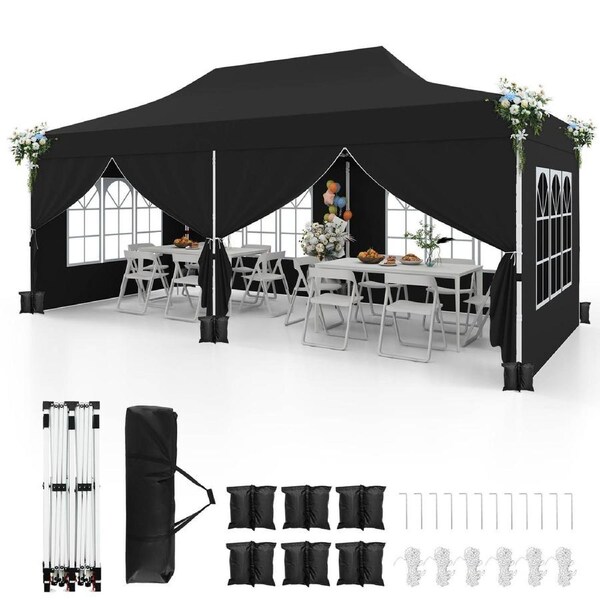 Costway Gazebo 3×6m Pop up Marquee UPF50+ Wedding Party Tent Side Wall Outdoor Camping Canopy Carport w/Carrying Bag Black