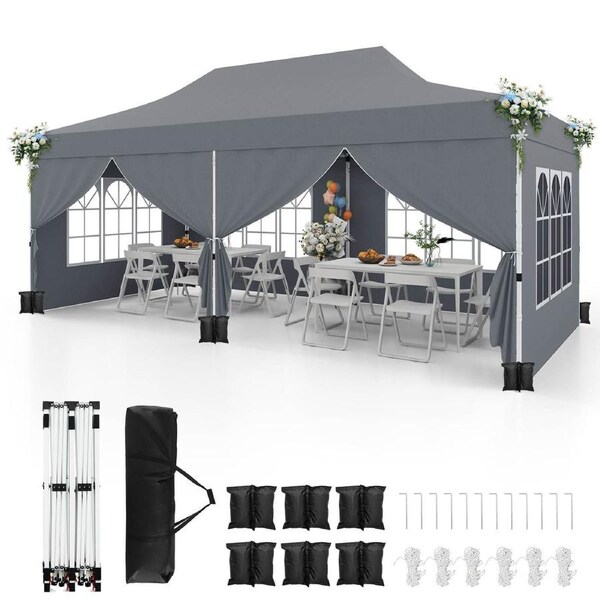 Costway Gazebo 3×6m Pop up Marquee UPF50+ Wedding Party Tent Side Wall Outdoor Camping Canopy Carport w/Carrying Bag Grey