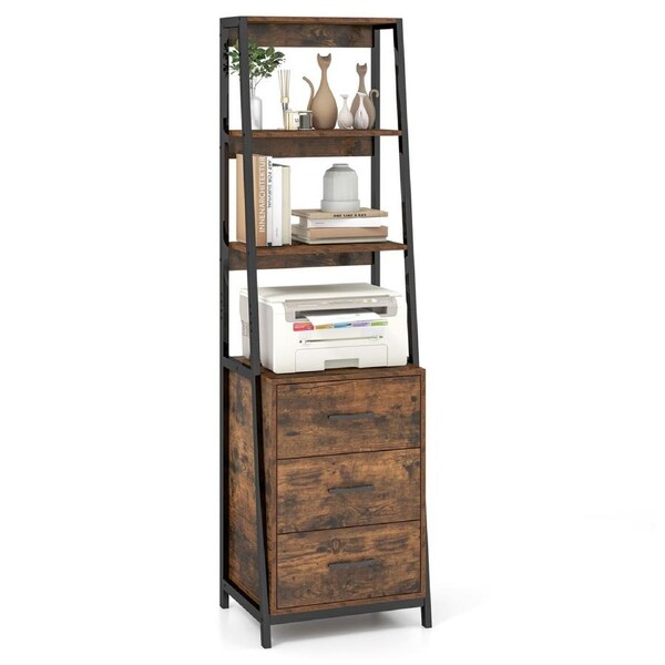 Giantex 175cm Ladder Shelf Tall Bookcase Display Bookshelf Organiser w/3 Storage Drawers, Rustic Brown